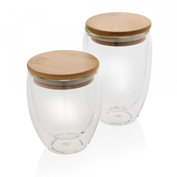 Dubbelwandig borosilicaatglas met bamboe deksel 350ml set