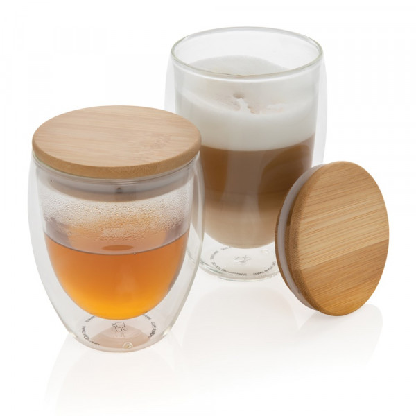 Dubbelwandig borosilicaatglas met bamboe deksel 250ml set